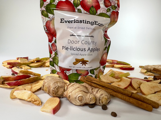Freeze Dried Pie-licious Apples 1.0 oz Bag Healthy Snack Close Up with Apples - EverlastingEats