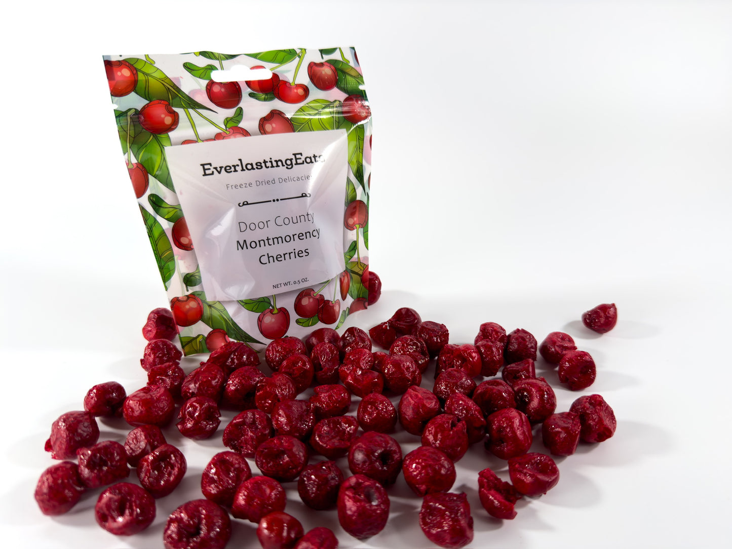 Feeze Dried Cherries Healthy Snack 0.5 oz bag Front with Cherries EverlastingEats
