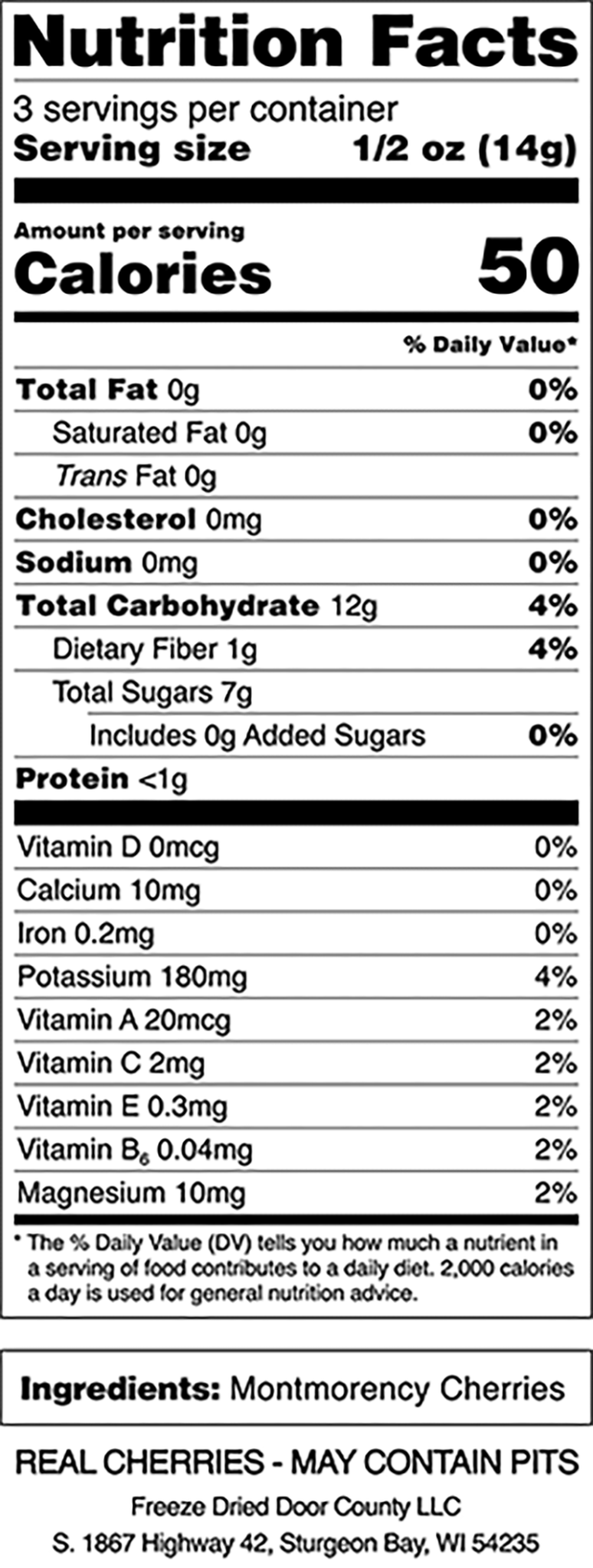 Freeze-Dried Montmorency Cherries Vertical Nutrition Label - EverlastingEats